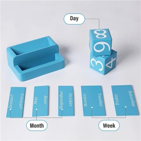 Blue Wooden Desk Calendar, Modern Aesthetic Accessories for Home Office Decor, - Picture 4 of 7